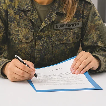 Soldat unterzeichnet Dokument als Symbol für Diensthaftpflichtversicherung, Absicherung und rechtliche Verantwortung im Dienst.